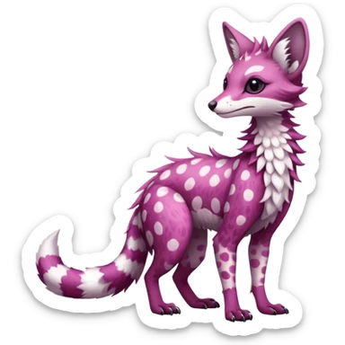 Feral Rare Fantasy   soft magenta fur with pearly-white polka dots and subtle shimmer  Vernid-Sergal-Genet-Trico-species by LiLaiRa, random markings, tufted tail, tufted ears, full body sticker