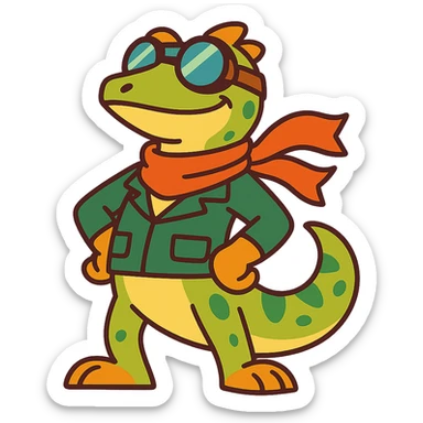 a lizard dressed as a pilot, aviator goggles, scarf, confident pose, cartoon style sticker