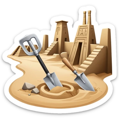 An icon showing archaeological tools—trowel, brush, and pickaxe—laid out on the sand, with the ancient Karnak temple ruins in the background. The design symbolizes exploration and discovery of ancient Egyptian history. Transparent background sticker