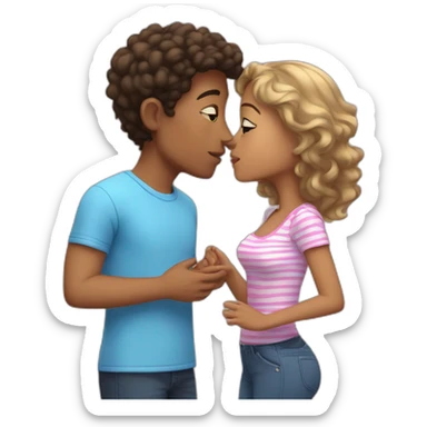 Mixed boy in blue shirt kissing a mixed girl with pink shirt and white stripes sticker