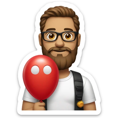 Heavy white young dad, with a big brown beard and black rectangle glasses and brown hair he’s holding a red balloon animal shaped like a dog sticker