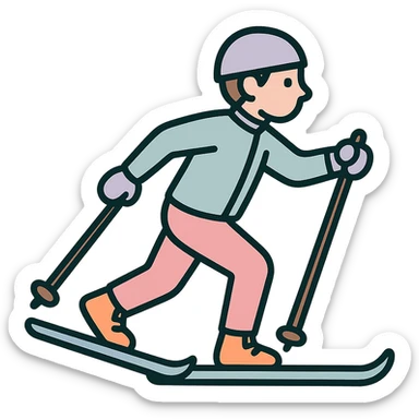 a skier gliding with skate technique on cross-country skis, detailed shading, thin clean outlines, soft rounded features, pastel palette #98B5BC #B5B3C1 #C9A3C9 #E4C0CA #F7DCD1 #F7C0AA, Japanese pop art, sticker look, highly detailed, vector clarity, soft lighting, subtle shadows, transparent background sticker