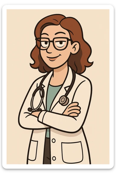 doctor, female, glasses, stethoscope, confident, white coat, cartoon style sticker