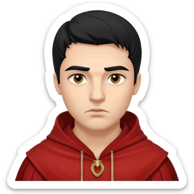 A handsome man with fair complexion. masculine, roman, slightly crooked nose. Thick triangular eyebrows. Hooded eyes and black pupils.  pouty lips with a heavy top lid.  thick black hair  80/20 part with an undercut.  sticker