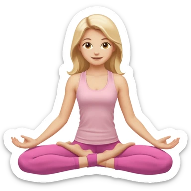 Create a young woman with long blonde hair, golden eyes, and medium-light skin tone, wearing a light pink tank top and leggings. She should be doing yoga, with a smile sticker