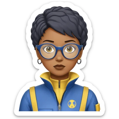 stern Black woman with short textured hair, glasses, wearing blue Fallout Vault jumpsuit with yellow trim and number on back, minimalist sticker