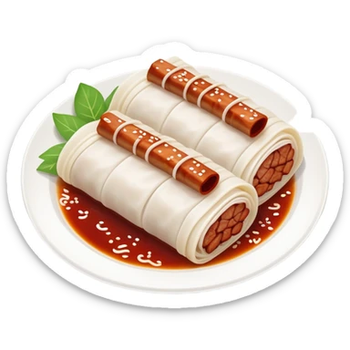 BBQ pork rice noodle roll Char Siu Cheung Fun with reddish meat filling, simplified emoji style with bold outlines and bright colors, cartoon style Guangdong breakfast favorite sticker