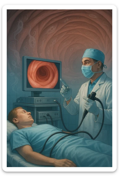 A medical cinematic illustration showing a patient undergoing a colonoscopy in a modern clinical setting. On the monitor, the endoscopic camera shows smooth, healthy-looking intestinal mucosa — clean and without evidentiary signs. But layered symbolically in the background (or faded into the intestinal wall), tiny parasitic organisms like protozoa and helminths are subtly depicted hiding between folds, or embedded deeper in tissues, undetectable by the surface-only scope. The doctor gestures with confidence, while the patient remains unaware that the test might not reveal the true underlying infection. The scene has cool clinical lighting, shallow depth of field, and realistic anatomy, overlaid with symbolic, almost ghost-like imagery of parasites sticker