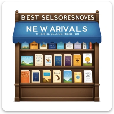 Bookstore window display. A sign displays “New Arrivals This Week”. Below, a shelf tag with the text “Best-Selling Novels Here”.  sticker