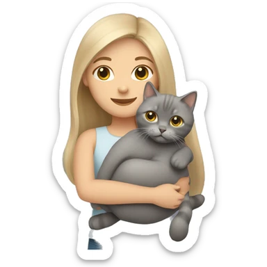 Girl with long dark blonde hair hugging a British shorthair cat sticker