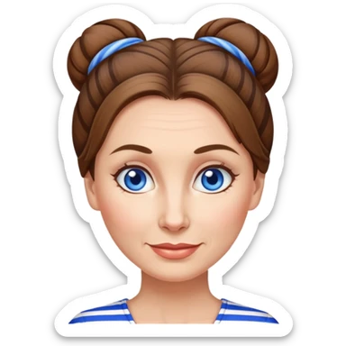 Pretty 50-year-old woman with blue and white striped miniskirt brown hair in bun blue eyes sticker