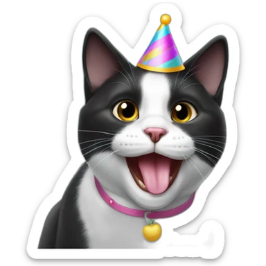black and white cat (named Marta) being silly, with her tongue out, in a party hat sticker