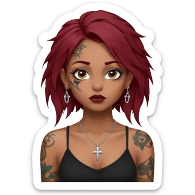 generate an ios genmoji of a dusky girl with long dark red messy hair with eyeliner on her eyes. septum piercing, wearing a cami black top, has tattoos, on shoulders. ear piercings. wearing a cross silver necklace. 


no tattoos on face sticker