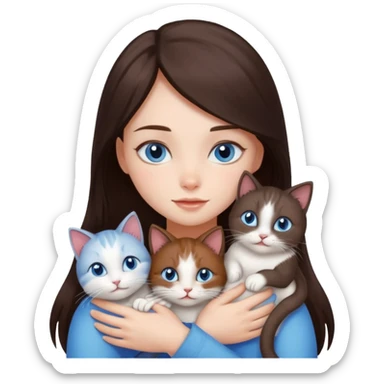 a pretty girl with long dark brown hair, with blue eyes, hugs 3 different natural coloured small cats sticker