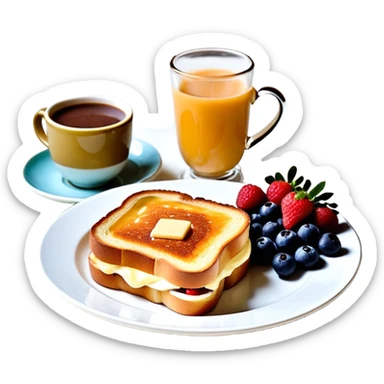 Un joli plateau sur lequel repose un délicieux petit déjeuner composé d’un croque-monsieur croustillant, d’un bol de yaourt aux fruits, d’une tasse de chocolat chaud garnie de guimauves et d’un joli vase contenant deux fleurs d’hibiscus sticker