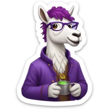 nerdy llama alchemist with wavy purple hair brewing sticker