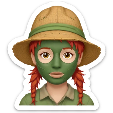 messy green full face clay mask and tourist hat red hair  sticker