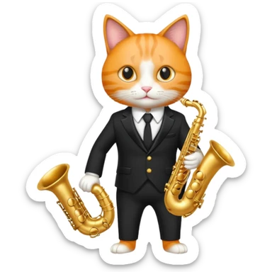 orange cat play gold saxophone, wear black suit sticker