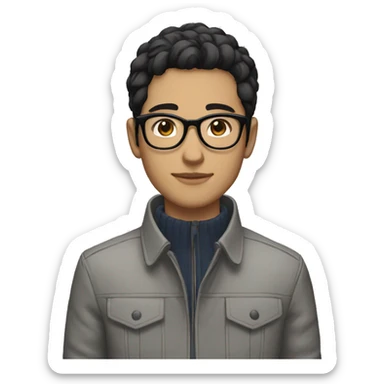 A beautiful  young man with black and medium hair and white skin, wearing round glasses and jacket sticker