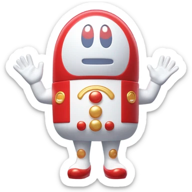 Very shiny full body character with pill capsule head with retro antennae and jetsons aesthetic sailor moon eyes  puffy body and welcoming waving arms Japanese animation inspired Anpanman with big boots and antennae red and white colors only sticker