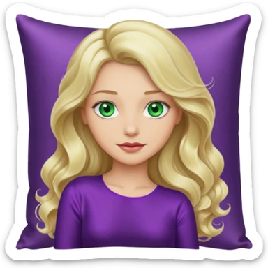 lady with long wavy blonde hair, purple top, green eyes, head on pillow sticker
