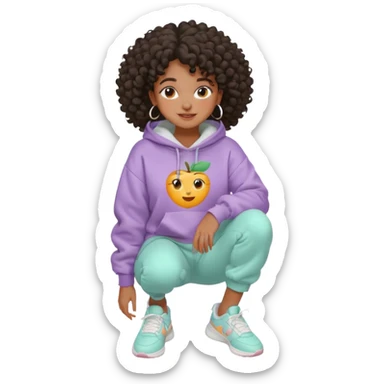 Black girl, clean girl aesthetic, 4C curly hair in a puff, pastel hoodie, white sneakers, minimal jewelry, soft smile, cozy vibe, bright colors, Apple-style emoji cuidando da pele skincare sticker