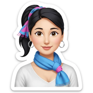 generate a pretty bratz emoji that looks like Kareena Kapoor's Geet character. 
Make her wear a white shirt with a colorful blue-pink scarf wrapped around her neck. smiling big. Black hair tied into a side part ponytail, silver hoops and no necklace

She should look exactly  like Kareena Kapoor sticker