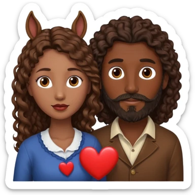 pareja de Mujer morena rizada cabello largo castaño ojos oscuros y hombre piel blanca con caballo oscuro con barba y ojos marron alrededor de la pareja corazones sticker
