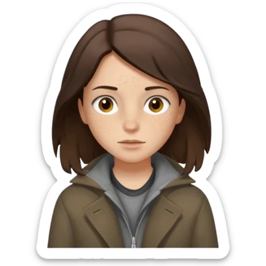 Hobo tomboy with shoulder-length center-parted dark brown hair. brown eyes, dark dull brown coat, grey shirt. sticker