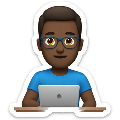 white guy with no beard dark brown hair brad pit style and square glasses typing in laptop wearing blue t-shirt sticker