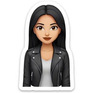 beautiful fit woman, with long straight black hair, with make up, black eye liner, smile mooth close, mexican, brown skin, wearing casual outfit and leather black jacket, flirting sticker