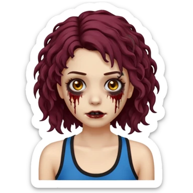 Crie um emoji de uma garota zumbi, como esta: "🧟‍♀️'. Porém invés da camiseta, uma regata fina e de cor preta, os cabelos loiros escuros na altura do ombro e picotado, liso na raiz e cacheado nas pontas, com mechas azuis na frente e a parte de trás pintada de vermelho vinho sticker