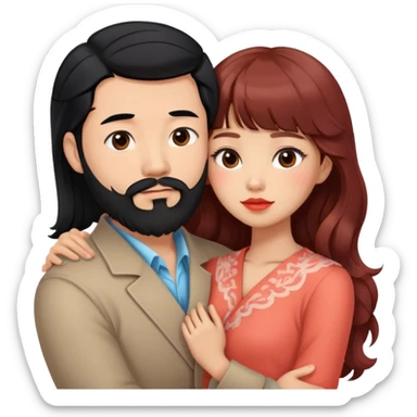 handsome serious asian man with black hair and beard, hugging cute tan skin woman with long wavy reddish brown hair with bangs and coral lipstick sticker