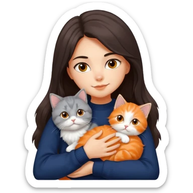 a girl with long dark brown hair, in a navy sweater, hugs a persian peaknose grey cat and persian peaknose orange and white kitten sticker