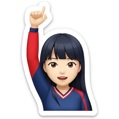 East Asian woman with long black straight hair and bangs wearing Doosan Bears team colors navy blue and red, cheering sticker