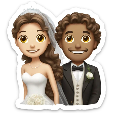 happy bride with long brown hair and groom with brown curly hair sticker