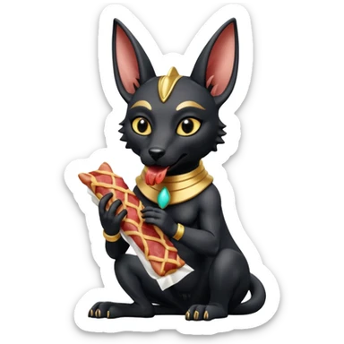  mean Short-eared Black fur beautiful female alien anubis puppy statue posed biting bacon package  sticker