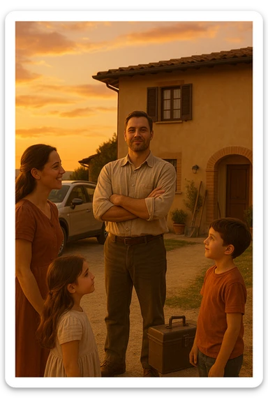 Uomo tra i 35 e i 45 anni, in piedi con postura fiera davanti alla sua casa, circondato dalla famiglia: moglie e figli lo guardano con rispetto e affetto. Indossa abiti semplici ma ordinati, simbolo di lavoro e stabilità (camicia, pantaloni, magari una cassetta degli attrezzi o una valigetta vicino). Sullo sfondo elementi che richiamano i suoi ruoli: casa ordinata, auto familiare, strumenti di lavoro, simboli di protezione e presenza. Espressione serena, forte ma accogliente. Colori caldi, luce naturale del tramonto. Stile realistico, atmosfera rassicurante e simbolica in italia, immagine realistica sticker