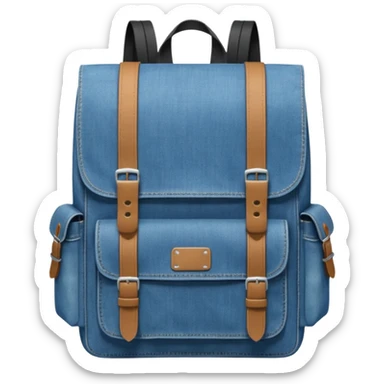 a blue denim backpack with a flap top, two vertical *black buckle straps* on the front. The backpack has two side pockets and a soft square shape. 

 sticker