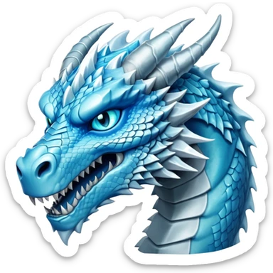 Cinematic Noble Fierce Ice Dragon Portrait Emoji, Poised and imposing, with a muscular, scaled body shimmering in glacial hues of icy blue, frostbitten silver, and crystalline white, and piercing, glowing eyes that radiate the chilling depths of an arctic storm; rendered in detail. sticker