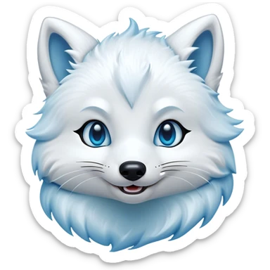 Cinematic Comical Arctic Fox Portrait Emoji, Head tilted dramatically with an exaggeratedly amused expression, featuring a striking, glossy white Fur with bold icy blue accents and wide, expressive eyes filled with playful disbelief, Simplified yet hilariously expressive features, highly detailed, glowing with a slightly sassy glow, high shine, dramatic yet playful, stylized with an air of cheeky arctic mischief, bright and endearing, soft glowing outline, capturing the essence of a spirited and over-the-top arctic fox, so meme-worthy it feels like it could side-eye its way into internet fame instantly! sticker