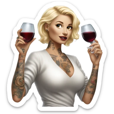 Blonde elegant women, her Body Covered with Tattoos, Wine in her One Hand, Pointing Forward with her Other Hand , Hyper realistic sticker
