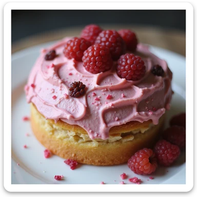realistic round cake with raspberry frosting and fresh raspberries, photorealistic style sticker