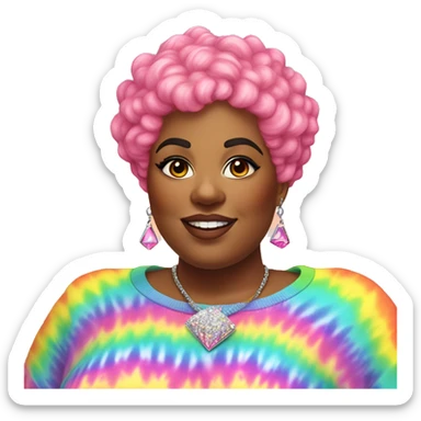 Plus size black woman with pink curly pixie cut hair and a rainbow tie dye sweater , and diamond stud earrings  sticker