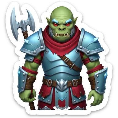 
Fantasy Christmas orc legion soldier icon, iron tundra army theme, heavy winter armor, disciplined brutal look, icy blue steel armor with deep crimson accents, frozen metal texture, cold winter atmosphere, male variant sticker