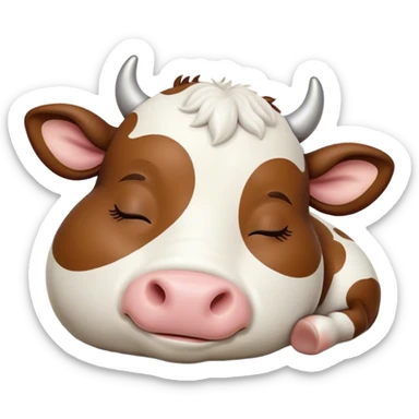 Meme-Worthy Cute Sleeping Brown and White Cow Portrait Emoji, Head resting peacefully with a contented smile, showcasing a robust build and a luxuriously soft patterned hide of brown and white, eyes shut in a serene, restful nap, Simplified yet hilariously adorable features, highly detailed, glowing with a soft, drowsy light, high shine, relaxed and utterly lovable, stylized with an air of playful laziness, bright and heartwarming, soft glowing outline, capturing the essence of a comically sleepy cow, so meme-worthy it feels like it could instantly become the next viral sensation of adorable slumber! sticker