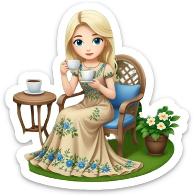 Turkish Konya blonde girl beautiful finish blue eyes with Beautiful beige green floral long tail dress and she sit in a lovely garden on the chair on the ground and holds cup coffe with her hand  sticker