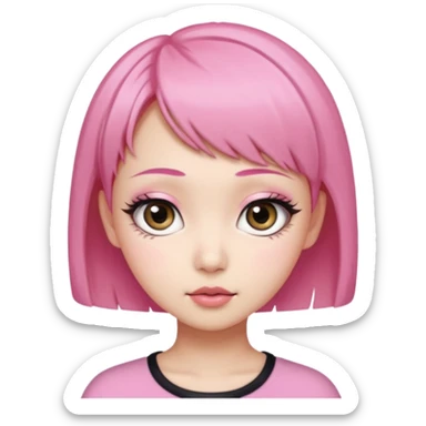 An Asian girl with Fashion pink short hair, big eyes, thick eyebrows, and long eyelashes;  sticker