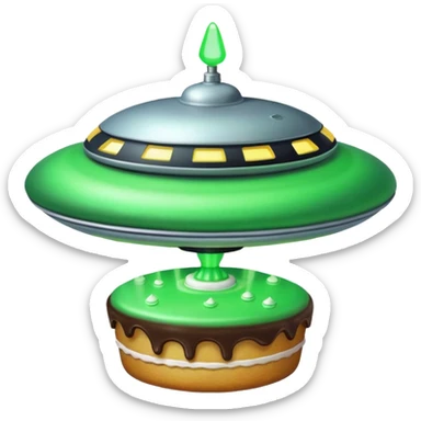 really big ufo flying higher and stealing in a green light very small little cake  sticker