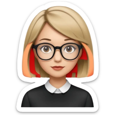 woman dark blonde petite bob haircut wears dark squarish glasses, classic clothes sticker